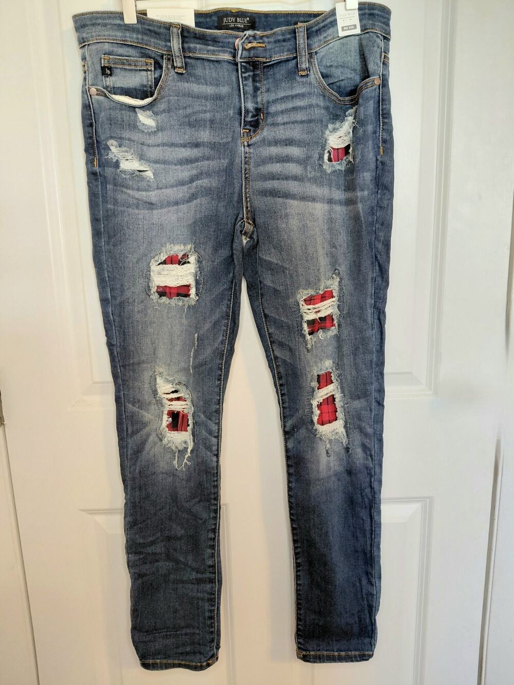 Judy Blue Distressed Skinny Jeans Buffalo Plaid Patch Med Wash Women's Sz 15/32
